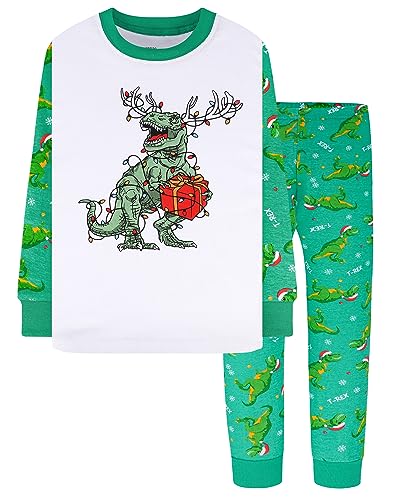 DAUGHTER QUEEN Xmas Pajamas for Little Boys Dinosaur Pjs 4T Toddler Kids Christmas Pj Set Two Piece 100% Cotton Jammies Sleepwear Fall Clothes Size 4, XS, 3-4 Years Old