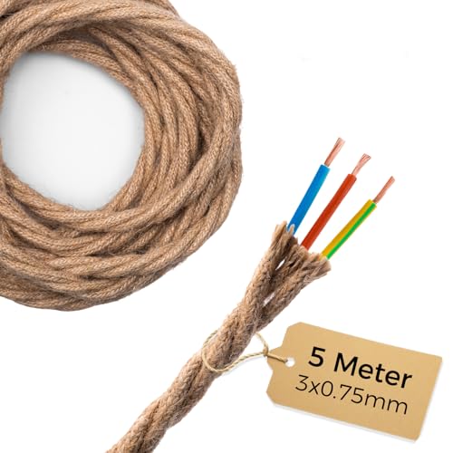 DiCUNO 5 Metros de cable eléctrico vintage para iluminación, cable de 3 conductores con PE, 3x0.75mm² cable eléctrico retro flexible de lino para lámparas colgantes, accesorios y bricolaje