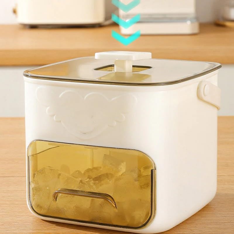 One-Press Ice Cube Maker with Storage Bin, Mini Press-Type Ice Maker 48-Grid Double Layer, Pull-Out Ice Drawer with Portable Handle for Personal Use in Whiskey, Cocktail, Coffee and DIY (White)