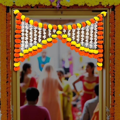 Image of Rajasthan Kraft Artificial Marigold Bandanwar with Rajanigandha 40 Inch | Artificial Flowers for Decoration Hanging | Pooja Items | Makar sakrant Decoration for Home (B0017).
