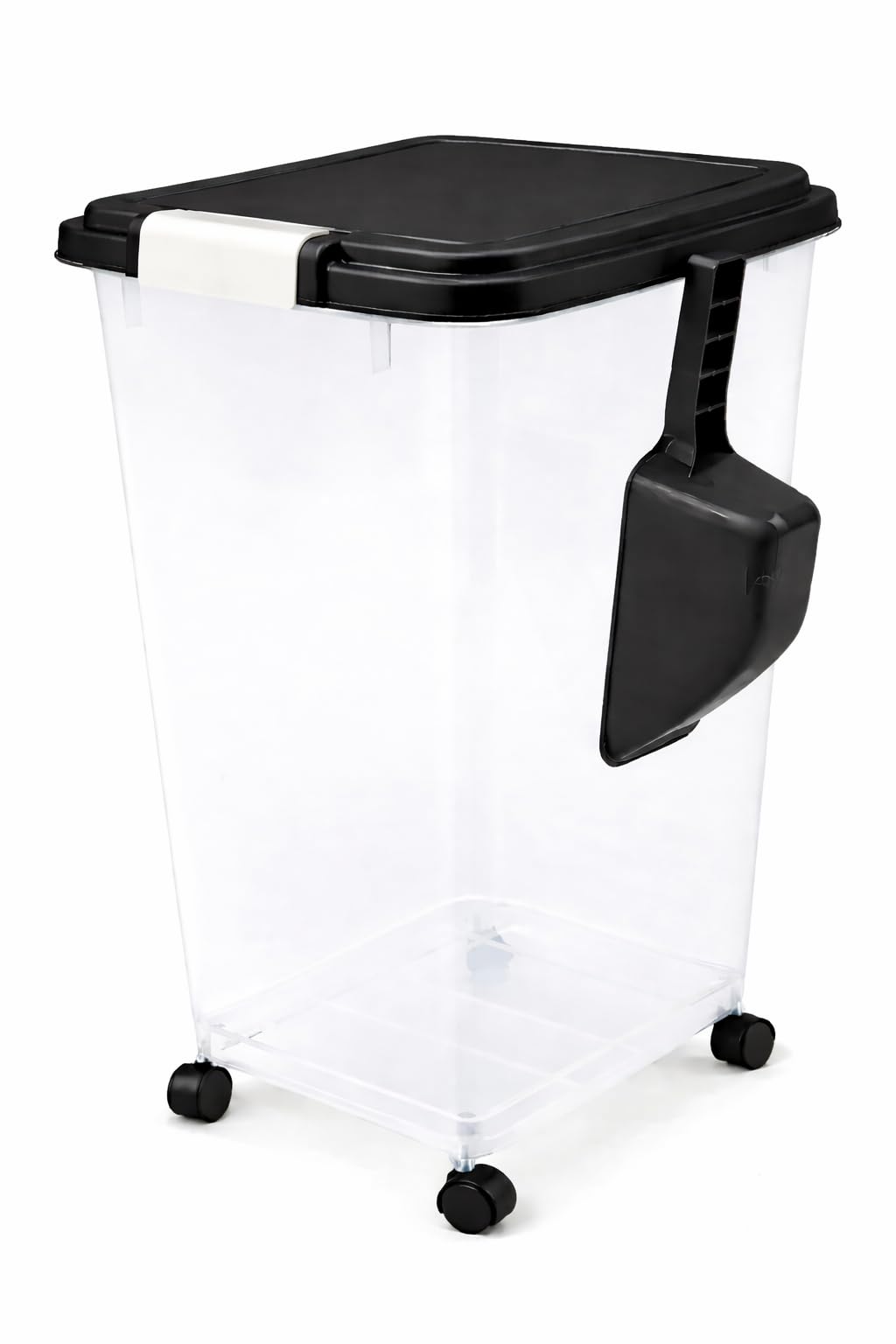 Raxter Black Pet Food Storage Container, 40L (15Kg), Airtight Flip-Top Locking Lid, Transparent Plastic, With Wheels And Scoop, For Dog, Cat And Bird Food (Black)