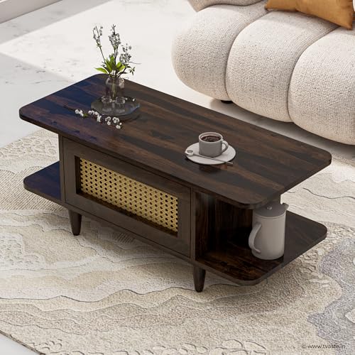 Image of SIDHI Solid Sheesham Wood Coffee Table & Center Table with Rattan Cane Lift-Down Shutter & Both Side Open Shelves for Living Room (Walnut Finish)