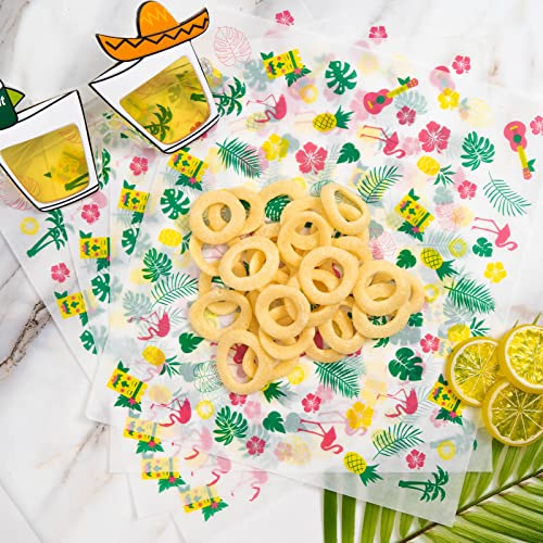 100 Pcs Hawaii Luau Wax Paper for Food, Wax Paper Sheets Deli Paper Sandwich Wrap Candy Cookies Wraps, Waterproof Oil-proof Picnic Basket Liners with Leaf Pattern for Kitchen Handmade Food