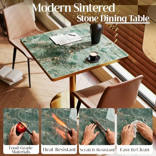 Image of 63 inch Square Dining Table, Tulip Table with 1.2 inch Thick Sintered Stone Tabletop and Golden Metal Pedestal Base, Small Square Dining Tables for Diner,Bar,Restaurant,kitchen,Bakery,Apartment (Verde Alpi)