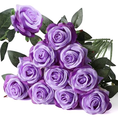 Nubry Artificial Silk Rose Flower Bouquet Lifelike Fake Rose for Wedding Home Party Decoration Event Gift 10pcs (Light Purple)