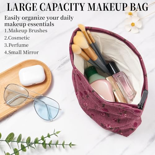 WOZEAH Floral Corduroy Makeup Bag for Purse Small Cosmetic Pouch,Stylish Zipper Make up Pouch Travel Canvas Toiletry Bags(Pink Rose)2