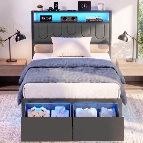 Image of Twin Bed Frame with 2 Drawers, Platform Bed Frame with LED Lights and Charging Station, Upholstered Headboard, Heavy Duty Metal Slats, No Box Spring Needed, Noise Free, Easy Assembly