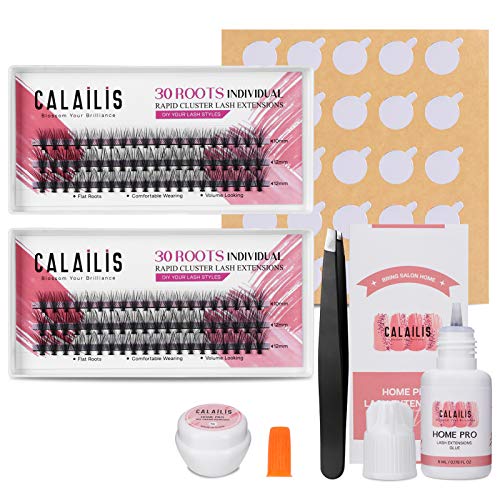 CALAILIS DIY Eyelash Extension, Individual Cluster Lash Extensions Kit Sensitive Glue Cream Remover at Home Use Self Application（0.05mm C mix, 30 roots/pack）