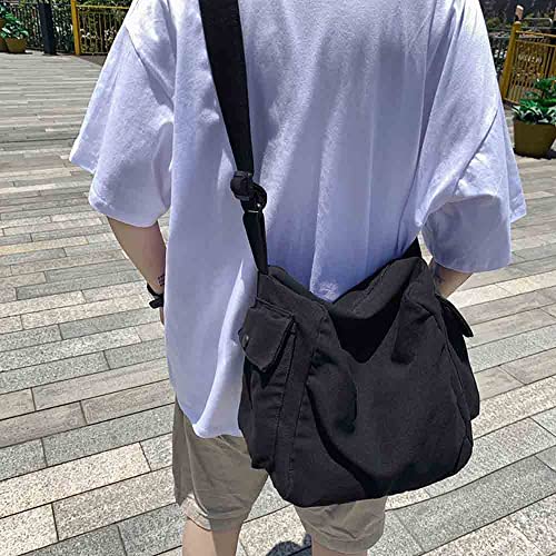 Japanese Literary Style Canvas Solid Color Shoulder Bag Harajuku Crossbody Bag ins Canvas Bag (black)3