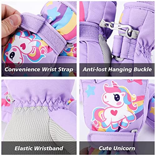 JUPSK Gants Ski Enfant d'hiver Mitaine Moufle Imperméables Velo Gants de Ski Snowboard Fleece Gloves pour Fille Garçon 6-10 Ans(Rose Licorne