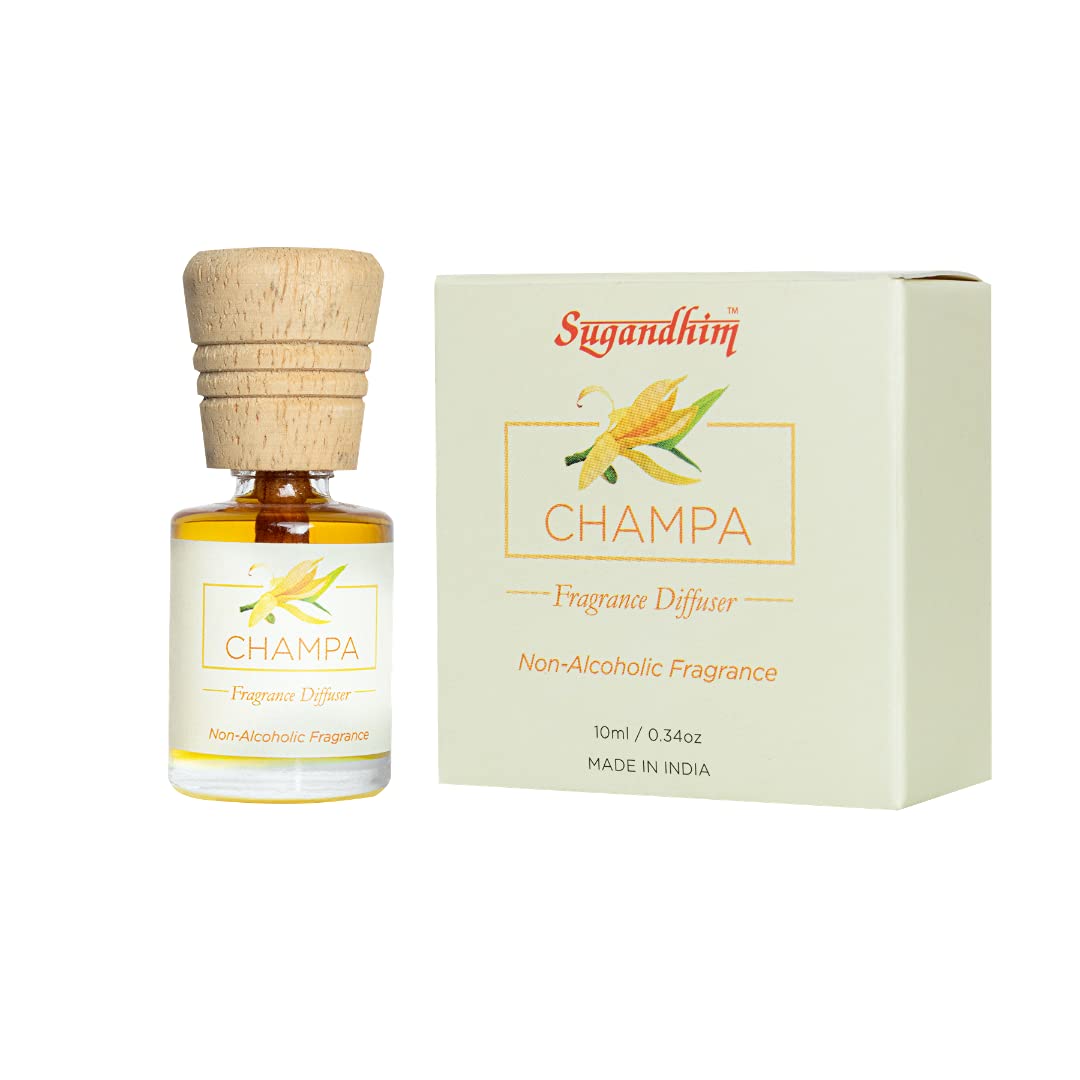 Sugandhim Fragrance Diffuser Champa, 1 x 10ml, for Living Room,Natural Fragrant Oil, Warming, Moist, Car, Home Fragrances,Non Toxic & Non Chemical,Multi Use, Lasts 40 Days,