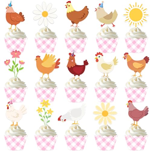 Chicken and Daisy Cupcake Toppers and Wrappers Floral Chicken Birthday Decoration 48Pcs Pink Gingham Cupcake Liners barnyard Hen Themed Cake Decor for Farm Animals Bday Baby Shower Supplies