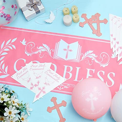 BBTO First Holy Communion Decorations Baby Christening Decorations Baptism Confirmation Decor God Bless Banner Glitter Cake Topper Balloons Cross Hanging Swirl for Boys Girls Kids(Pink)