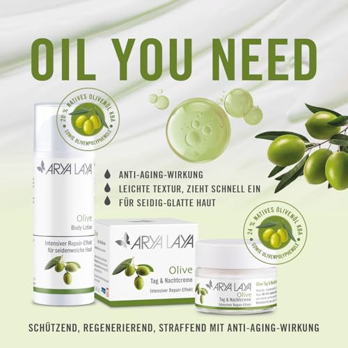 ARYA LAYA Olive Tag & Nachtpflege, 50 ml – Gesichtscreme mit intensivem Repair-Effekt, zur Belebung müder Haut, wirkt Verlust von Glätte & Spannkraft entgegen, Radikalfänger, vegan