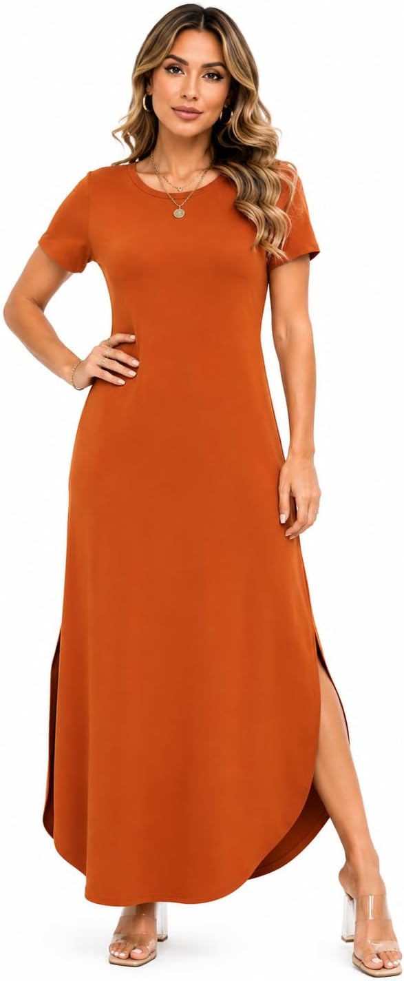 Vestido Longo Feminino Manga Curta com Bolso e Fenda Lateral Casual Elegante DOCCE MULHER