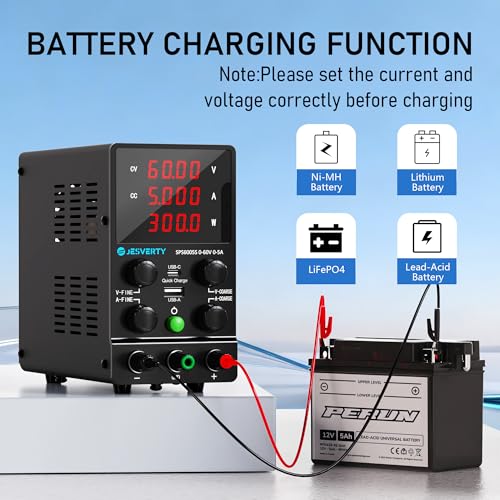Image of DC Power Supply Variable, 0-60V 0-5A Adjustable Switching DC Regulated Bench Power Supply with 20W USB & Type-C Quick-Charge, Encoder Knob, Reverse Polarity Protection - SPS-6005S