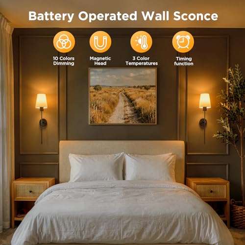 Image of Brightown Battery Operated Wall Sconces Set of 2,Black Sconces Wall Decor | RGBWW Rechargeable Wall Lights with Dimmable Magnetic Bulbs & Remote, Wireless Wall Lamp for Living Room Bedroom Hallway