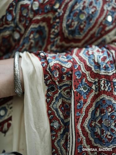 Image of Ajrakh Print Saree, Cream, Cotton, Mirror Work Embellishment, Ethnic Style with Tassels