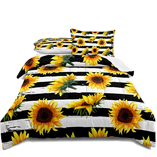 Lris Bedding Sunflower Comforter Set Queen Size Black And White Stripe Bedding 3Pcs For Kids Women Teens Bedroom Comforter With 2 Pillowcases Soft Microfiber Quilt #TOP7