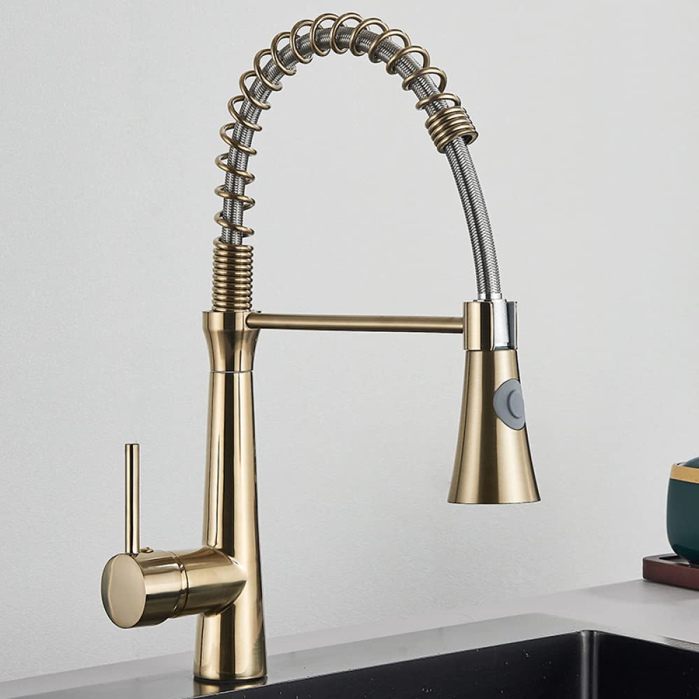 Yjyjy Brushed Gold Kitchen Faucet,Black Kitchen Faucets, Brass Faucets For Kitchen Sink, Single Lever Pull Out Spring Mixer Tap, Hot And Cold Water Faucet, 360 Degree Swivel Crane, Brushed Nickel