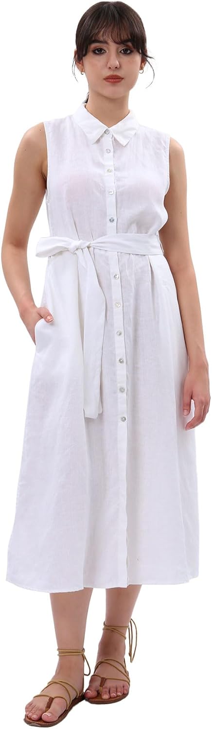 Amazhiyu Womens Pure Linen Summer Button Down Midi Dresses with Pockets and Belt