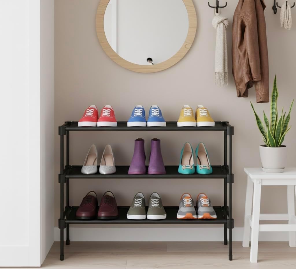 3-Tier Stackable Shoe Rack Organizer with Handle & Cleaning Brush, Adjustable Metal Shoe Shelf for Closet, Entryway, Bedroom & Hallway, No Tool Assembly, Durable Black Metal.
