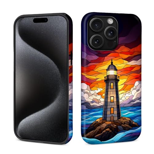 yicomon Compatible with iPhone 15 Pro Case, Stained Glass Lighthouse Pattern Print Matte Phone Case Durable Fashion Funny Liquid Silicone Case Soft Anti-Scratch Shockproof Protective Cover