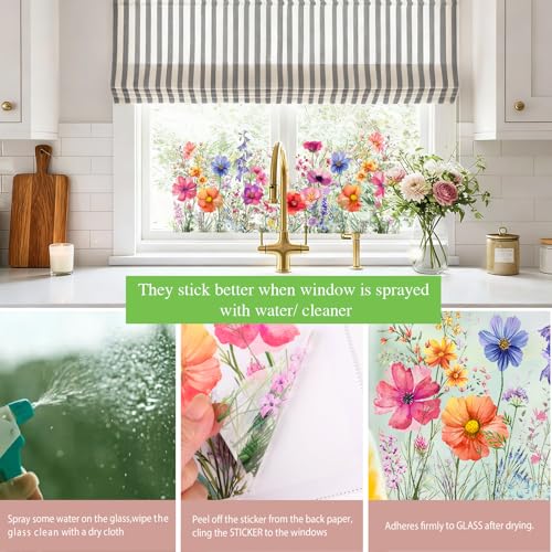 COMOOKA Blumen Fensterbilder Frühling Selbstklebend - 3 Bögen Statisch Haftende Fenstersticker mit Blüten Motiv - Frühlingsdeko Fenster - Blumig Fensterdeko für Frühling & Sommer
