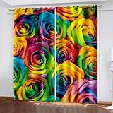 AMDXD Blackout Curtain with Eyelets, Colourful, Roses Flowers, Blackout Eyelet Curtain, Opaque Blackout Curtains, Set of 2, 214 x 229 cm