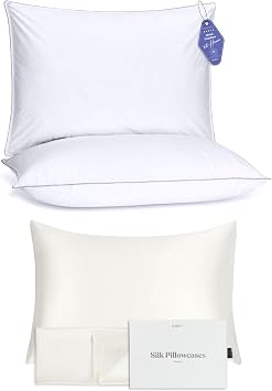 FluffCo Pillow + Silk Case Bundle 600 Fill Power Down Pillow + 100% Pure Mulberry Silk Pillowcase | Queen Size Cooling Pillow & 22 Momme Natural Silk Case for Hair, Skin & Ultimate Comfort