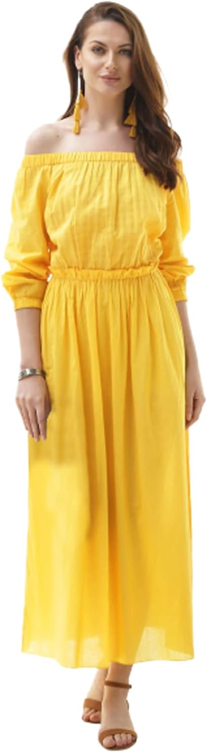 NOVICA Artisan Handmade Cotton Offshoulder Maxi Dress Marigold Yellow Clothing Line Solid India Bohemian 'Marigold Muse'