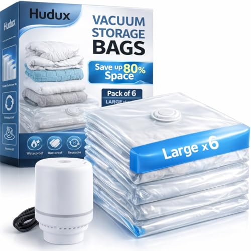 Image of Pack of 6 Large 60x80cm Vacuum Bags With Electric Pump for Clothes,Blankets,Pillows, Bedding,Airtight Reusable Packing Bags,Space Saver Bag,Vacuum Storage Compression Ziplock Bags