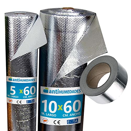 Aislante Térmico Reflexivo (10 x 0,6 m) con Cinta de Aluminio (10m) - para aislamiento de cajas de persianas, radiadores, paredes, vehículos, remolques, techos, garajes - Antihumedades Cover