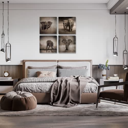 Elephant Wall Art Animals Canvas Painting African Elephant Décor 4 Pieces Framed Abstract Vintage Animal Print Pictures Contemporary Artwork For Home Living Room Bedroom Décor 12”X12” #TOP2