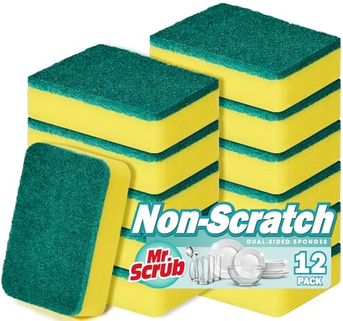 Mr. Scrub Sponges Kitchen Scrub Dish Sponge Scouring Pad, 12 Pack Cleaning Brush Scrubber Supplies for Soap, Dishwashing Dinnerware Sets Pan Pot Towels Cloth Rags Holder Glass Dishwasher Sink Bathroom