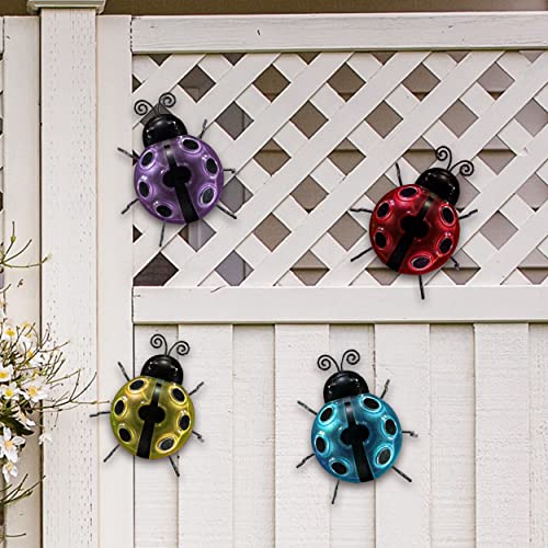 Teresa's Collections 5.5 Inch Ladybug Garden Wall Decor Sculpture With Solar Garden Lights For Yard Art, Dual Use Garden Stake Statues For Outdoor Outside Patio Lawn Indoor Home Decorations Set Of 4 #TOP4