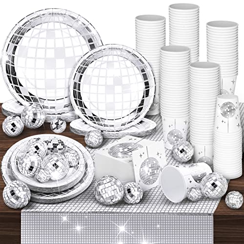 121 Pcs 70s 80s Disco Ball Party Decorations Paper Plates Napkins Cups Disposable Bachelorette Silver Balls Tableware Set for Wedding Cocktail Birthday Dancing Queen Party Supplies(Silver)