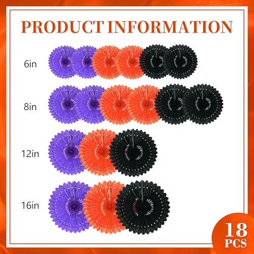 Image of 18 Pcs Halloween Hanging Paper Fan, Hanging Honeycomb Round Paper Fans for Weddings, Birthdays, Baby Showers, Classroom, Events Ceiling Party Supplies Decorations