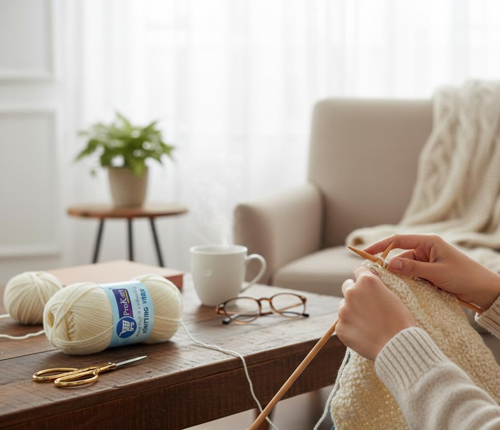 Image of ProKart Premium Woolen 4 Ply Hand Knitting Wool Yarn | Fine Weight Soft Yarn for Sweater, Scarf, Hat, Baby Clothes, Purse, Gift Bags & DIY Craft Accessories (Cream /Off-White, 100gms x 1 Pack) - PRO04