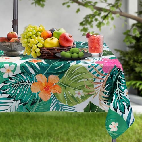Kamoor Rectangle Outdoor Tablecloth with Umbrella Hole and Zipper Palm Leaves Patio Table Cover 60 x 84 Inch Waterproof Outdoor Table Cloth for Garden Picnic Party by Kamoor - Used condition - Image 2