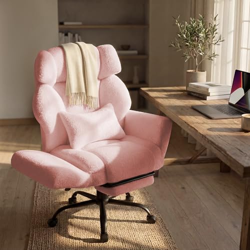 Image of Office Chair with Flip Armrests,Big and Tall Office Chair with Foot Rest,Extra Wide Seat & Lumbar Pillow,Comfy Criss Cross Chair for Pets Sitting,Ergonomic Computer Gaming Chair,Teddy Fleece,Pink