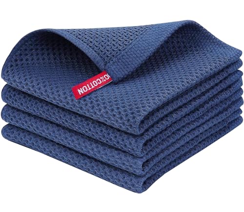 Image of Kitchen Cotton Lint Free Waffle Weave Hand Towels, Quick Drying Dish Cloths, Highly Absorbent Dish Rags Tea Towels Set with Hanging Loop, 13.4 inchx 13.4 inch, Dark Blue, Pack of 4