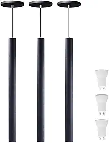 Kit 3 Pendente Luminária Tubo Preto 50 Cm + Lâmpada LED Mini Dicroica MR11 GU10 Bancada de Cozinha Mesa Sala Cabeceira Quarto (Preto, 50cm, 3000, Kelvin)