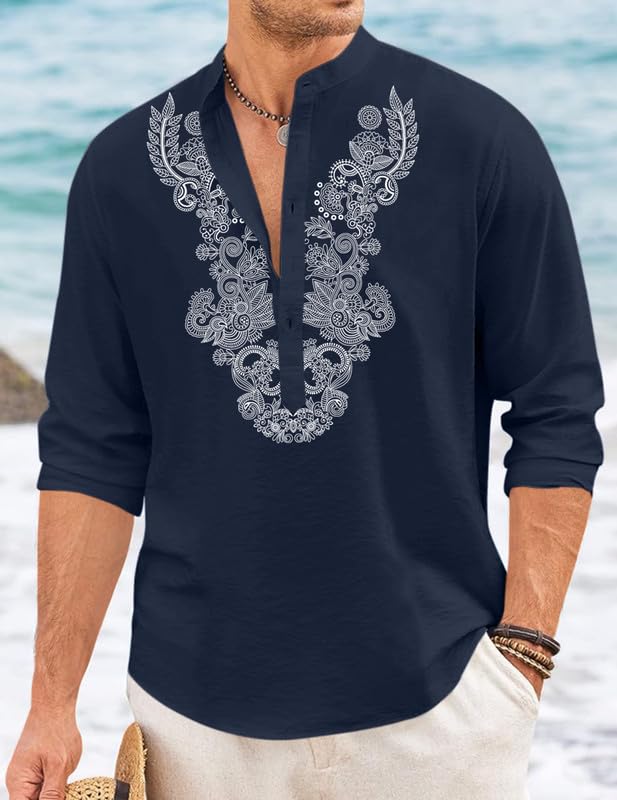 Image of FINIVO FASHION Men's Cotton Blend Short Kurta with Full Sleeves and Ethnic Neck Design | Casual Crinkle Texture Kurta with Mandarin Collar