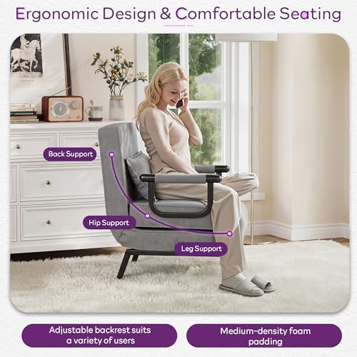 TYBOATLE Sleeper Chair Bed, Comfy Convertible Sleeper Futon Chairs for Adults, 5 in 1 Folding Bed Chair with Adjustable Backrest & Side Pockets & Pillow, Cozy Small Sofa for Small Spaces (Light Grey)