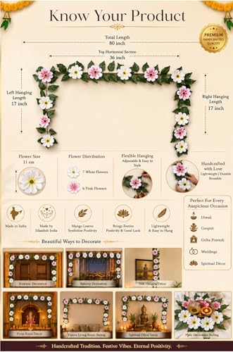 Image of Divyakosh Mango Leaf Vine /Creeper (6.5 Ft) with Cosmos Flowers for Door Entrance Decor | Artificial Flowers Garland,Thoran | Festive Puja Wall Hanging for Diwali Navratri Ganpati Home Decor