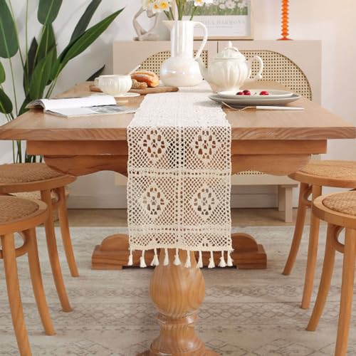 Chemin de table tissé main WinarA à pompons avec motifs géométriques creux blancs