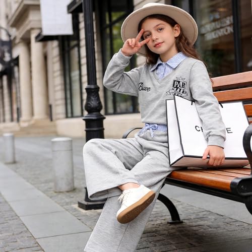 Image of Yoxindax Girls 2-Piece Clothes 2 In 1 Collared V-Neck Sweatshirt Wide Leg Contrast Color Pants Winter 7-14Y Outfits Set