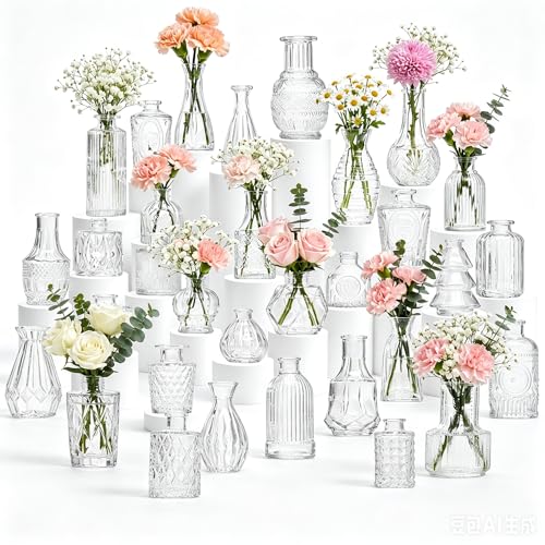 32 Pcs Clear Glass Bud Vases in Bulk Small Vintage Bud Vase Set for Flowers Mini Glass Vases for Wedding Centerpieces Baby Shower Table Decorations Event Decor 3.1-5.1