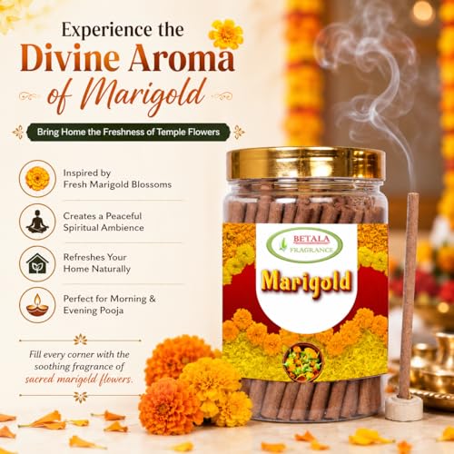 Image of Betala Fragrance Marigold Flavour Dhoop Sticks, 200 g Dhup Batti Stick with Stick Stand Holder, Bamboo Less & Non Charcoal (Marigold)